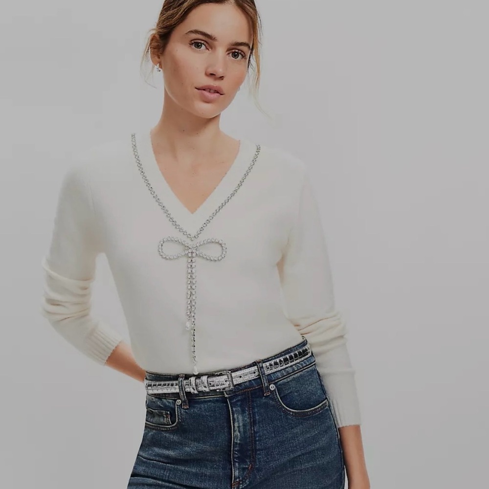 LOFT White V-Neck Sweater with Silver Bow Embellishments